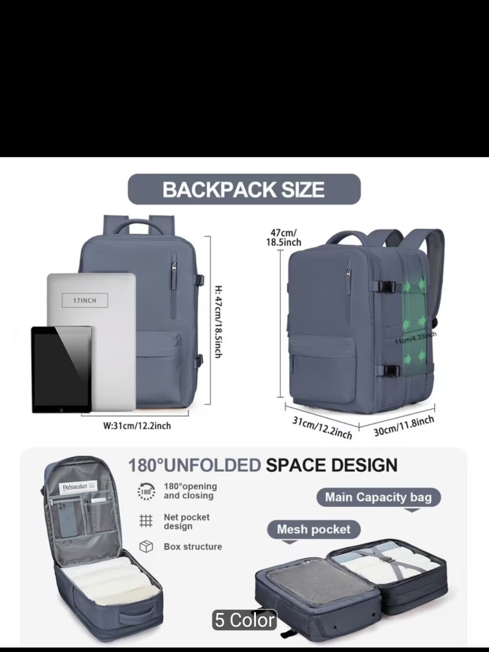 Expandable Grey Travel Backpack - 32L/45L